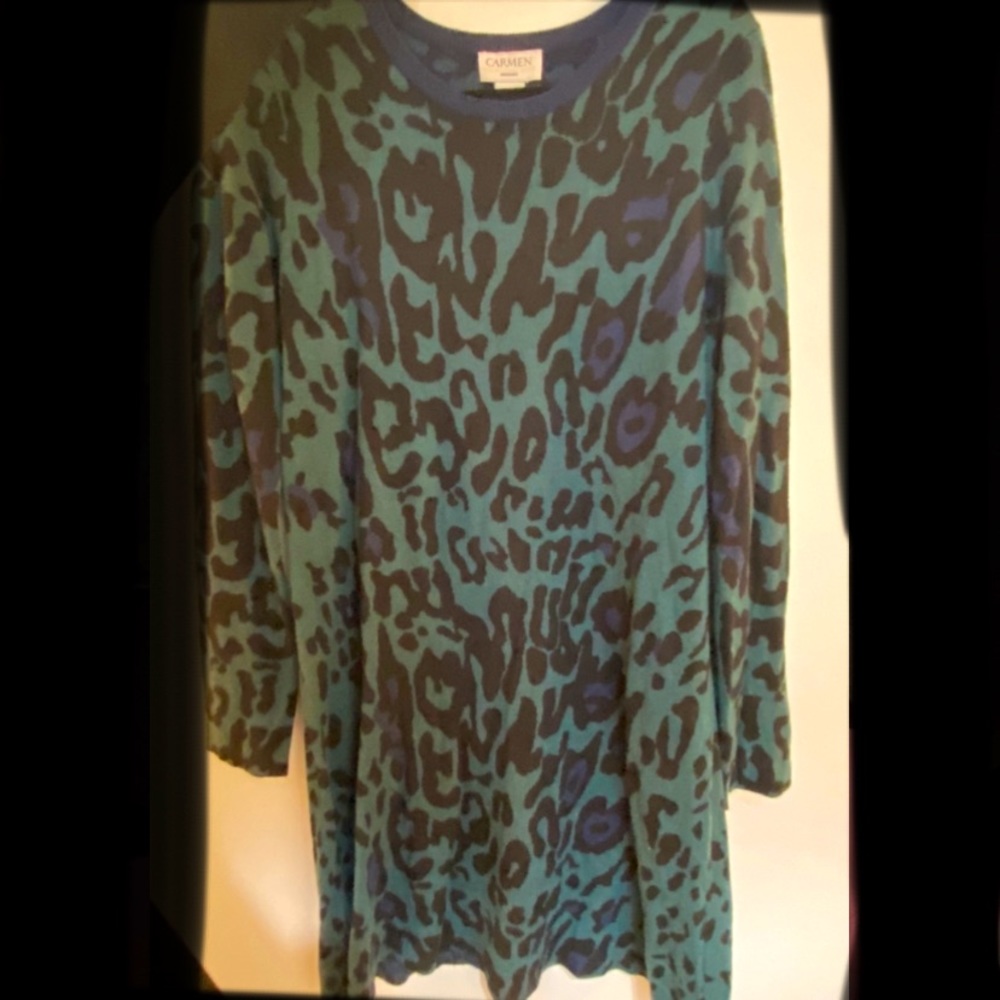blue, green and black animal print dress